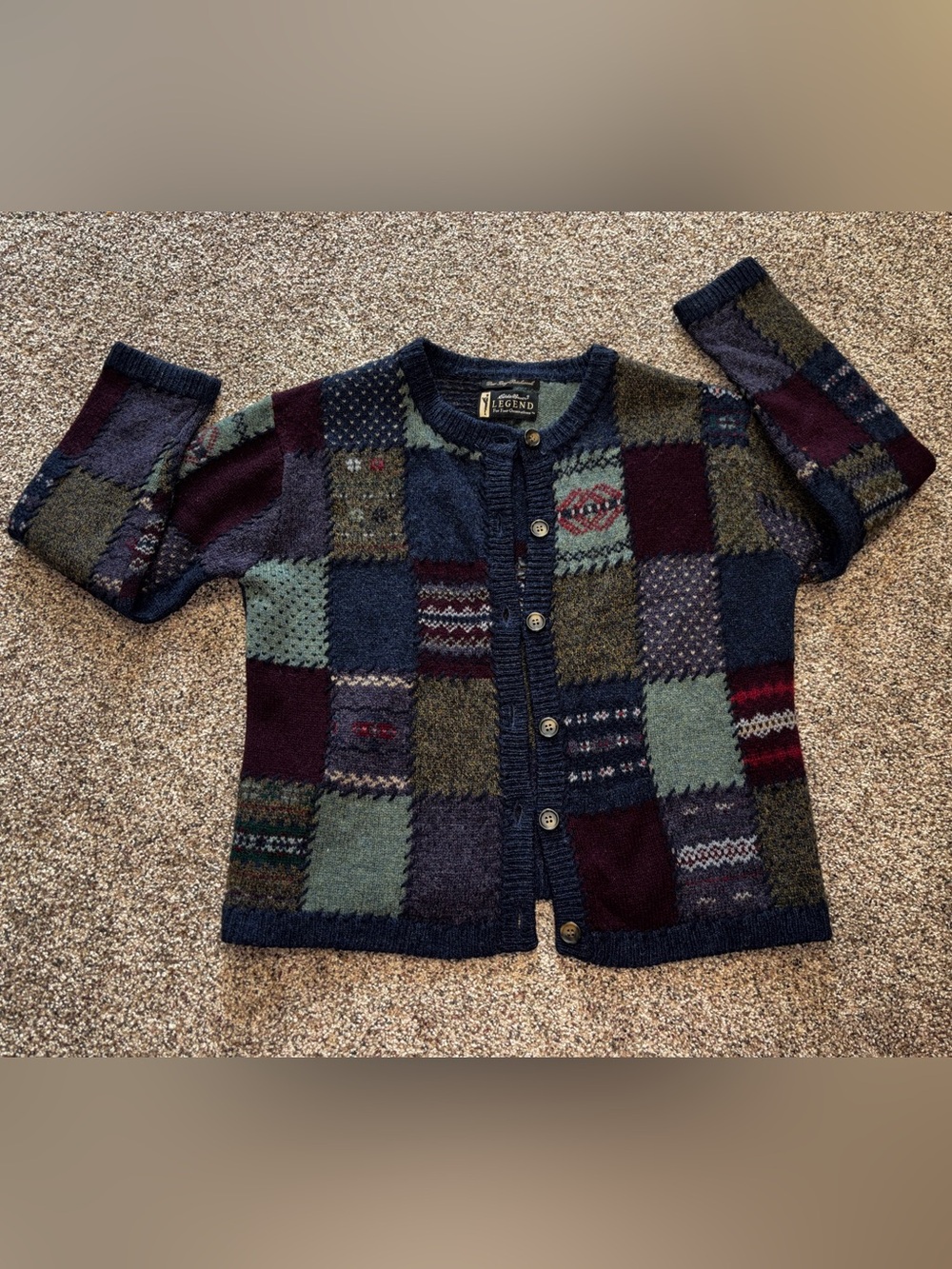 VTG Eddie Bauer Patchwork 100% Wool Button Front Cardigan Sweater Women's M